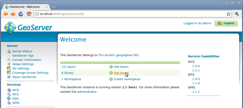 Geoserver 1 logged in