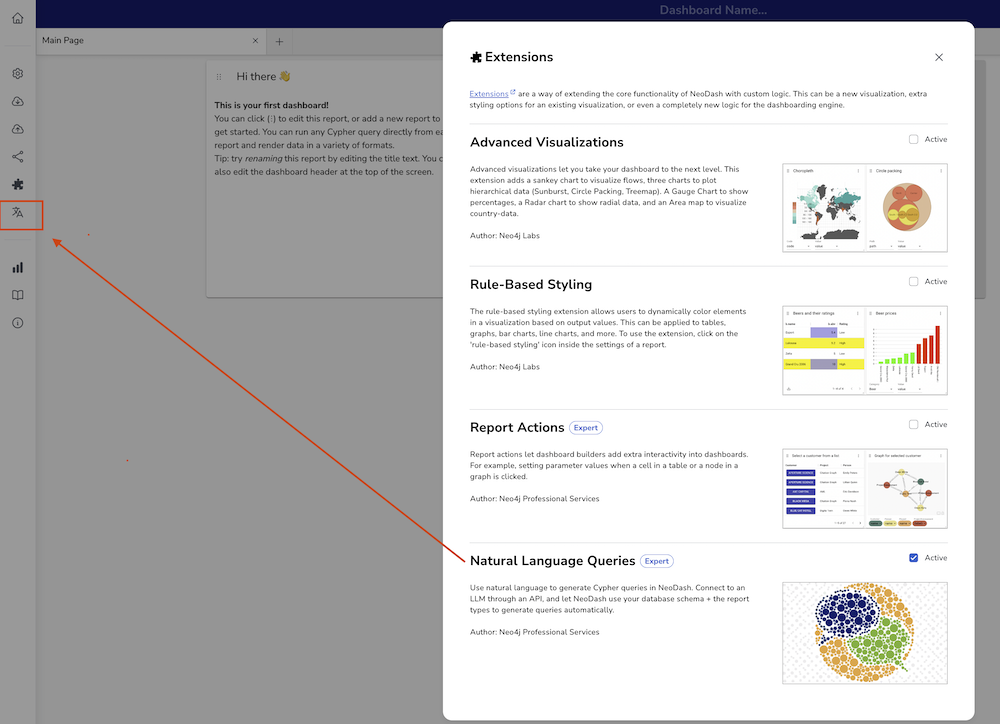 Extension Button enables Natural Language Queries button in the sidebar